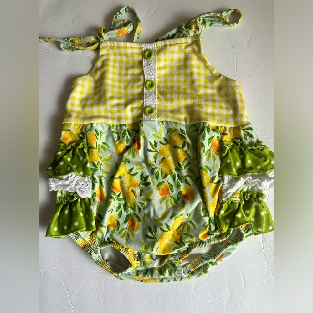 Lemon Gingham Ruffle Baby Romper - Yellow & Green